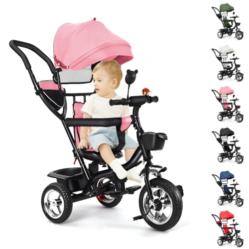 MUL-BOUTIQUE Dreirad für Babys, skalierbar bis 35 kg, Babyfahrrad für Kinder ab 1 Jahr, wendbarer Sitz, dreiteilige Sonnenblende (Rosa) von MUL-BOUTIQUE