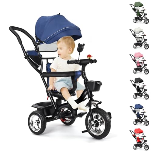 MUL-BOUTIQUE Dreirad für Babys, skalierbar bis 35 kg, Babyfahrrad für Kinder ab 1 Jahr, wendbarer Sitz, dreiteilige Sonnenblende (dunkelblau) von MUL-BOUTIQUE