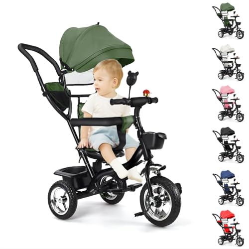 MUL-BOUTIQUE Dreirad für Babys, skalierbar bis 35 kg, Babyfahrrad für Kinder ab 1 Jahr, wendbarer Sitz, dreiteilige Sonnenblende (grün) von MUL-BOUTIQUE