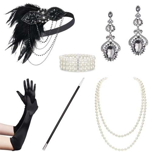 MULAIDI Weibliches Flapper-Kostüm GatsbyParty Stirnband Halskette Ohrringe Handschuhe 1920er Jahre Vintage Cosplay Party Kostüm Zubehör Set Vintage Zubehör Set Mädchen Kostüm Zubehör Partyzubehör von MULAIDI