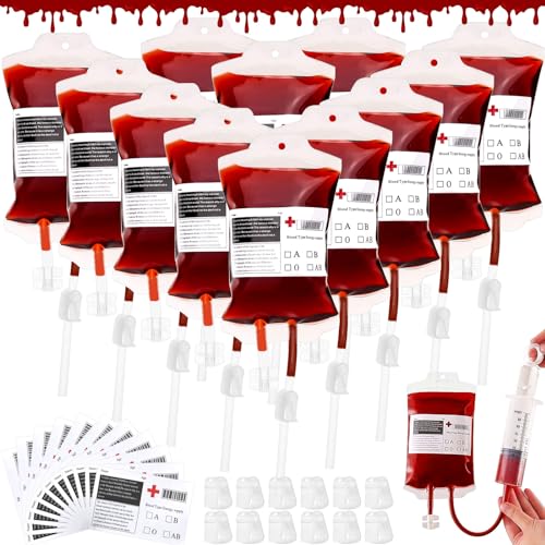 MULEVIP Blutbeutel 12 Stück Infusionsbeutel Blutbeutel für Getränke,Blutbeutel zum Trinken,Halloween Trinkgefäß mit Spritze,Blutbeutel Halloween Blutgruppenetiketten für Halloween Cosplay Zombie Party von MULEVIP