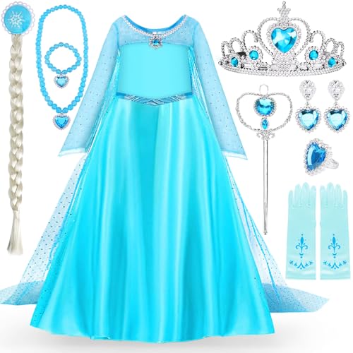 MULEVIP ELSA Kostüm Kinder ELSA Kostüm Mädchen 11 Set,ELSA Kleid Mädchen mit Krone Diadem Handschuhe Zauberstab Halskette Armband für Weihnachten Verkleidung Karneval Halloween Party - 130 von MULEVIP