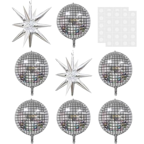 MUNSCH 8 Stück Disco Folie Ballon Set 22 Zoll große Silber 4D Polyester Spiegelfolie Ball und Starburst Aluminiumballon mit Klebepunkten Geburtstag Disco Party Metalldekor von MUNSKT