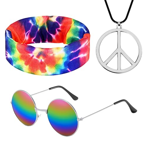 MUNSKT 3 Stück Hippie Kostüm Set, Hippie Accessoires Damen Hippie Dress Costume Buntes Hippie Stirnband Halskette Peace Zeichen Sonnenbrille Kostüm Hippie Verkleidung Kostümzubehör Hippie Zubehör Herr MUNSKT 3 Stück Hippie Kostüm Set, Hippie Accessoires Damen Hippie Dress Costume Buntes Hippie Stirnband Halskette Peace Zeichen Sonnenbrille Kostüm Hippie Verkleidung Kostümzubehör Hippie Zubehör Herr von MUNSKT