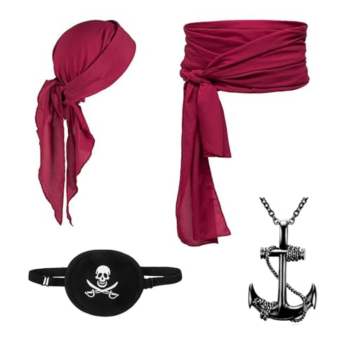 MUNSKT 4-teiliges Set Mittelalter Renaissance Piraten Bandana Große Schärpe Gürtel Piraten Augenklappe Halskette Piratenzubehör Piratenkostüm Erwachsene Herren für Party von MUNSKT