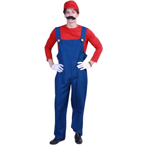 MUNSKT Cosplay Kostüm Super Brothers Klempner, Kostüm Mit Bodysuit, Cap Und Schnurrbart, Karneval Halloween Cosplay Kostüm Für Herren Damen Junge Mädchen Kinder, Herren Rot (Erwachsene-L) von MUNSKT