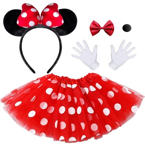 MUNSKT Maus Fancy Dress Up Kostüm Maus Ohren Bowknot Haar Reifen für Kinder Mädchen Halloween Geburtstag Party Mini Polka Dot Tüll roter Rock mit Maus Ohr Stirnband 2 weiße Handschuhe 1 schwarze Nase von MUNSKT