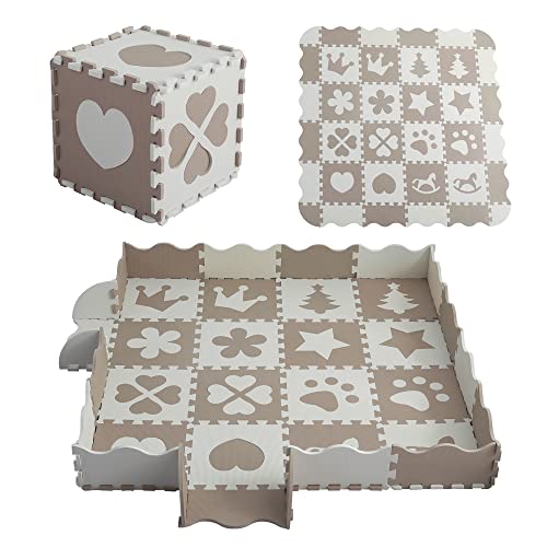 MUSOLEI Puzzlematte Baby Puzzle Matte Boden Spielmatte Kinder Beige mit Zaun XXL Kinderspielteppich Schadstofffrei 36 Stücke Eva Schaumstoff Krabbelmatte rutschfest 142×142×1cm, Modell 01 von MUSOLEI