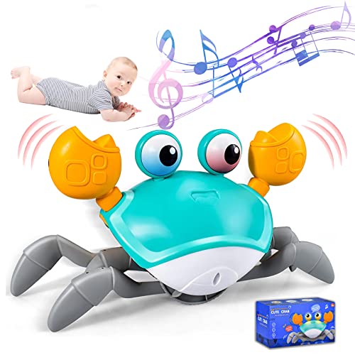 MUSUNFE Crawling Crab Baby Toy, für interaktives Musikspielzeug mit automatischer Hindernismeidung, lustiges mobiles Spielzeug für Kleinkinder - USB -Ladung (Grün - Alte Version) von MUSUNFE