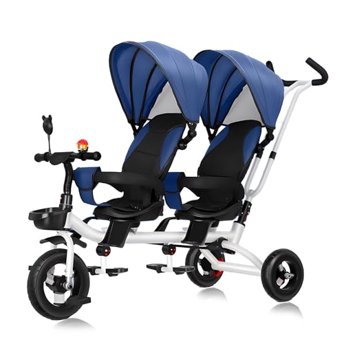 4-in-1-Dreirad mit Mehreren Funktionen Kinderdreirad mit Doppelsitz, Kleinkinderwagen mit abnehmbarem Schiebegriff, Vordersitz mit Leitplanke, Doppelbremsen, geeignet für 1-7 Jahre,Blau von MUUNS
