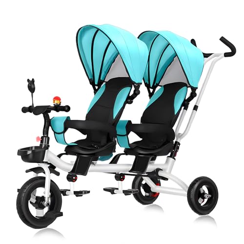 4-in-1-Dreirad mit Mehreren Funktionen Kinderdreirad mit Doppelsitz, Kleinkinderwagen mit abnehmbarem Schiebegriff, Vordersitz mit Leitplanke, Doppelbremsen, geeignet für 1-7 Jahre,Grün von MUUNS