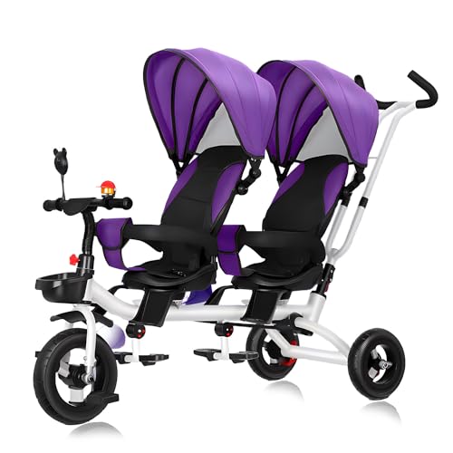 4-in-1-Dreirad mit Mehreren Funktionen Kinderdreirad mit Doppelsitz, Kleinkinderwagen mit abnehmbarem Schiebegriff, Vordersitz mit Leitplanke, Doppelbremsen, geeignet für 1-7 Jahre,Lila von MUUNS