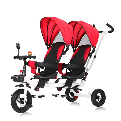 4-in-1-Dreirad mit Mehreren Funktionen Kinderdreirad mit Doppelsitz, Kleinkinderwagen mit abnehmbarem Schiebegriff, Vordersitz mit Leitplanke, Doppelbremsen, geeignet für 1-7 Jahre,Rot von MUUNS
