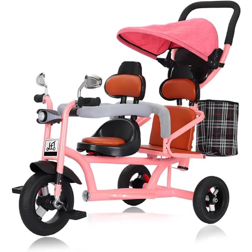 4 in 1 Kinder-Dreirad mit Doppelsitz, Multifunktions-Kinder-Dreirad-Kinderwagen mit abnehmbarem Schiebebügel, Vordersitz mit Geländer, Doppelbremsen für 1-7 Jahre,Rosa von MUUNS