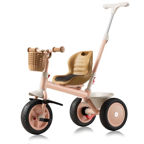 Dreiräder für Kinder, Outdoor-Kinderdreiräder, 2-in-1-Kinderdreiräder mit abnehmbarem Schiebegriff, klappbare Fußstütze, Verstellbarer Sitzsicherheitsgurt,Rosa von MUUNS