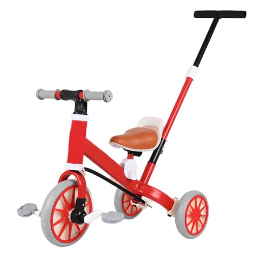 Kinder-Dreirad, 3-in-1-Kinder-Dreirad, Kinder-Laufrad mit abnehmbarem Schiebegriff, klappbare Fußstütze, Sicherheitsgurt, Kinderfahrrad-Aufsitzspielzeug, Geschenke für Jungen und Mädchen,Rot von MUUNS