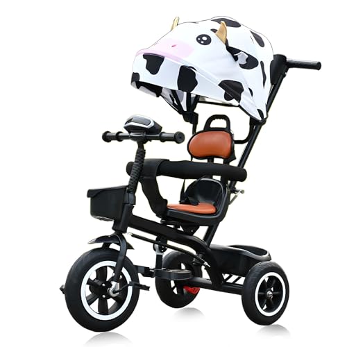 Kinder-Dreirad – 4-in-1-Kinder-Dreirad mit abnehmbarem Schiebegriff, zusammenklappbarer Fußstütze, Sicherheitsgurt,Cow White von MUUNS