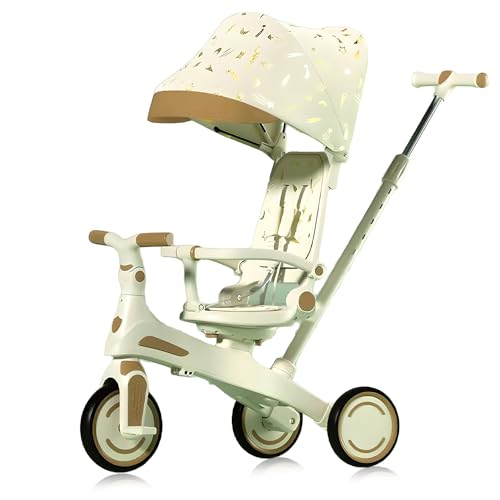 Kinderdreirad – 5-in-1-Kinderdreirad mit abnehmbarem Schiebegriff, Schutzdach, zusammenklappbarer Fußstütze, umkehrbarer Sitzsicherheitsgurt für 1 bis 6 Jahre,Grün von MUUNS