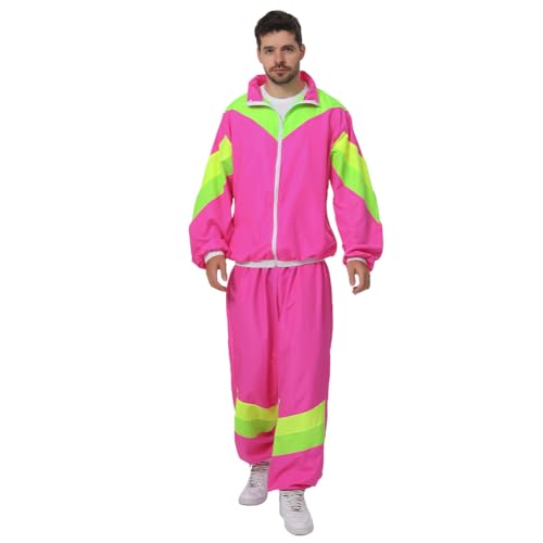 MUWO Retro 80er Jahre Trainingsanzug Kostüm MIESEPETER – Set mit Jacke und Hose, Kontrast-Streifendesign, Stehkragen - lockere Passform, geeignet für Volksfeste & Karneval (Rosa, 2XL/3XL) von MUWO