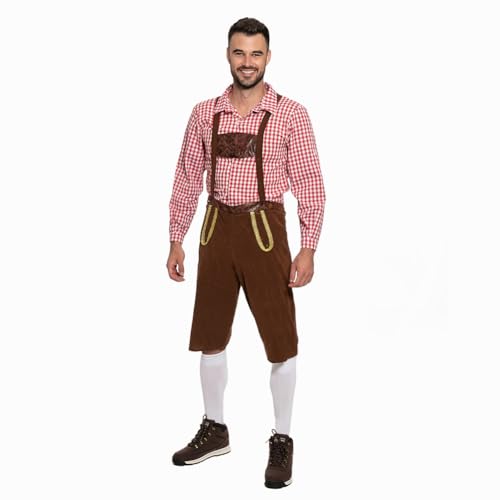 MUWO Trachtenset-Kostüm für Herren & Dirndl Damen Oktoberfest-Kostüm MIESEPETER | Traditionelle Volksfestkleidung- Inkl. Bluse, Kleid, Schürze, Hose & Hemd (Trachtenset rot, 2XL) von MUWO