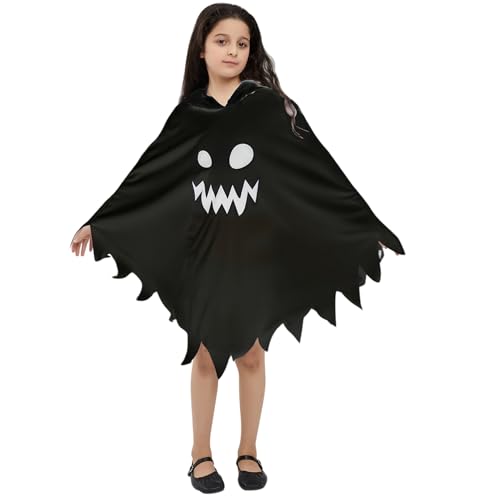 MUXIWOM Halloween Geister Kostüm Kinder, Halloween Gespenst Kostüm Kinder Junge Mädchen, Halloween Kostüm Kinder Geist Umhang mit Kürbistasche, Kinderkostüm Gespenst für Cosplay Karneval (Schwarz) von MUXIWOM