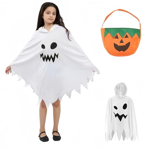 MUXIWOM Gespenst Kostüm Kinder, Halloween Geister Kostüm Kinder, Halloween Kostüm Kinder, Weiß Halloween Kinder Geist Kostüm mit Kürbis Tasche, Gespenster kostüm für Halloween Karneval(7–12Jahre) von MUXIWOM