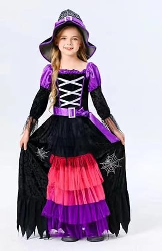 MUXIWOM Hexenkostüm Mädchen, Lila Hexenkostüm Kinder, Halloween Hexe Kostüm für Kinder Mädchen, Halloween Kostüm Kinder Mädchen, Hexe Kostüm für Halloween Karneval Cosplay Party(10-12Jahre) von MUXIWOM