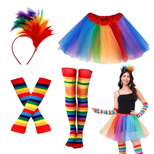 MUXIWOM Regenbogen Tüllrock Damen, 4er Regenbogen Kostüm Damen mit Bunte Feder Stirnband, Karneval Kostüm Damen, Faschingskostüme Damen für Karneval Rollenspiele Party von MUXIWOM