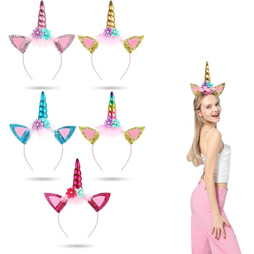 MUYAPAY Einhorn Stirnband, 5 Stück Unicorn Horn Stirnband mit Ohren und Blumen, Head Accessoires Party Dekoration,Einhorn Stirnband,für Kinder Erwachsene Geburtstag Ostern Party Cosplay von MUYAPAY