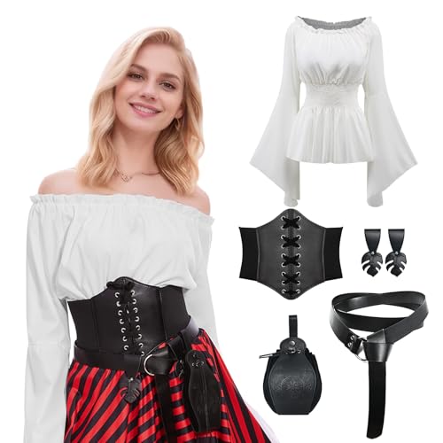 MVFEUIJ Damen Mittelalter Kleid Viktorianisches Kleideroberteile, Renaissance Trompete Ärmel Kostüm Set mit Retro-Gürteltasche, Mittelalter GüRtel, GüRtelschlaufe, für Cosplay, Hexe (2XL) von MVFEUIJ