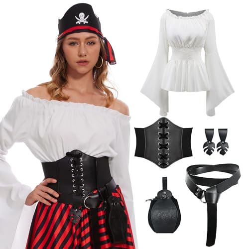 MVFEUIJ Damen Mittelalter Kleid Viktorianisches Kleideroberteile, Renaissance Trompete Ärmel Kostüm Set mit Retro-Gürteltasche, Mittelalter GüRtel, GüRtelschlaufe, für Cosplay, Hexe (L) von MVFEUIJ