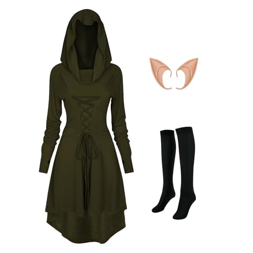 MVFEUIJ Gothic Kleid Damen Mittelalter Kleidung, Retro Mit Kapuze Kleid Damen, Passende Strümpfe und Ohrringe, Renaissance Kleid für Halloween (Grün, 3XL) von MVFEUIJ