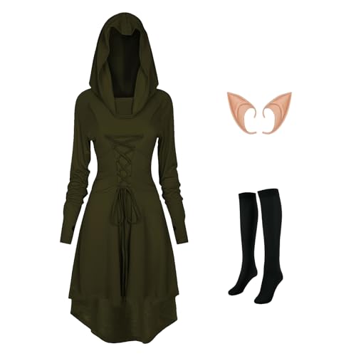 MVFEUIJ Gothic Kleid Damen Mittelalter Kleidung, Retro Mit Kapuze Kleid Damen, Passende Strümpfe und Ohrringe, Renaissance Kleid für Halloween (Grün, 4XL) von MVFEUIJ