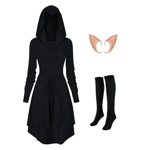 MVFEUIJ Gothic Kleid Damen Mittelalter Kleidung, Retro Mit Kapuze Kleid Damen, Passende Strümpfe und Ohrringe, Renaissance Kleid für Halloween (Schwarz, 2XL) von MVFEUIJ