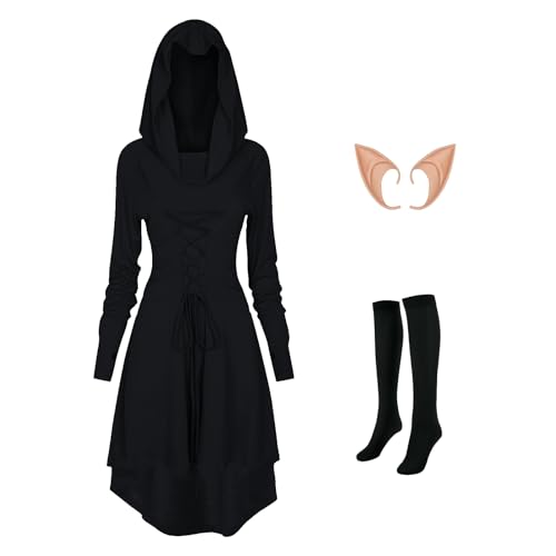 MVFEUIJ Gothic Kleid Damen Mittelalter Kleidung, Retro Mit Kapuze Kleid Damen, Passende Strümpfe und Ohrringe, Renaissance für Halloween (Schwarz, L) von MVFEUIJ