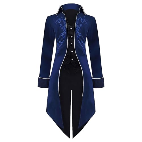 MVFEUIJ Herren Mittelalter Steampunk Gothic Frack Herren Jacke, Renaissance Retro viktorianische Hof Stickerei Mantel, Halloween Kostüm Karneval Party Cosplay Kleidung (Blau, 2XL) von MVFEUIJ