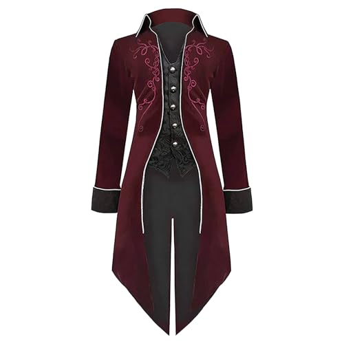 MVFEUIJ Herren Mittelalter Steampunk Gothic Frack Herren Jacke, Renaissance Retro viktorianische Hof Stickerei Mantel, Halloween Kostüm Karneval Party Cosplay Kleidung (Rot, 2XL) von MVFEUIJ