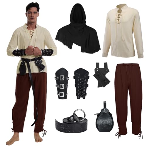 MVFEUIJ Mittelalter Herren Renaissance Kostüm Set, Viking Kostüm Schnürhemd Herren Hose mit Zubehör, Halloween-Kostüm für Cosplay, Zauberer, Maskerade (Braune Hosen, 2XL) von MVFEUIJ