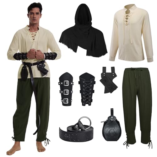 MVFEUIJ Mittelalter Herren Renaissance Kostüm Set, Viking Kostüm Schnürhemd Herren Hose mit Zubehör, Halloween-Kostüm für Cosplay, Zauberer, Maskerade (Grüne Hose, 2XL) von MVFEUIJ