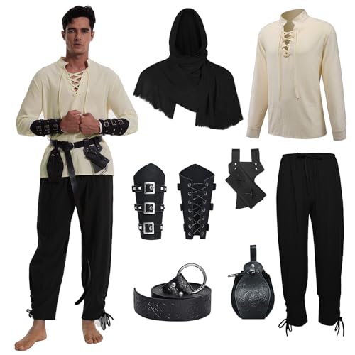 MVFEUIJ Mittelalter Herren Renaissance Kostüm Set, Viking Kostüm Schnürhemd Herren Hose mit Zubehör, Halloween-Kostüm für Cosplay, Zauberer, Maskerade (Schwarze Hosen, M) von MVFEUIJ