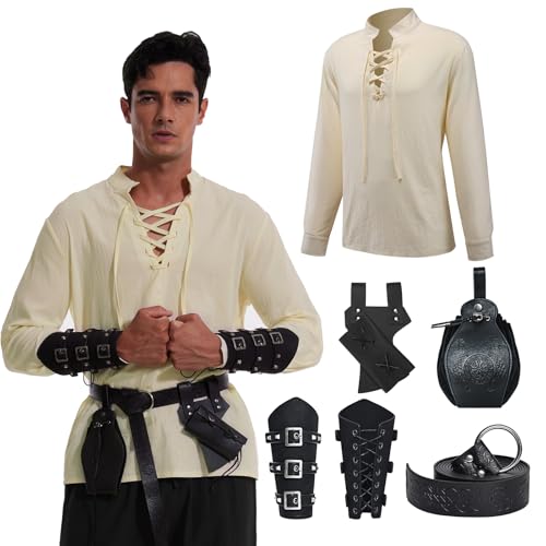 MVFEUIJ Mittelalter Kleidung Herren Set, Herren Renaissance Kostüm Set mit Gürtel, Handgelenkschützer Zubehör 5 Set für Cosplay, Zauberer, Halloween (Schwarz, 2XL) von MVFEUIJ