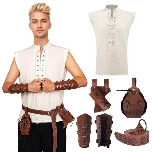 MVFEUIJ Mittelalter Renaissance Kleidung Set, Herren Viking Kostüm Schnürhemd mit Gürtel, Handgelenkschützer Zubehör, Viktorian Leinenhemd Ärmelloses (2XL) von MVFEUIJ