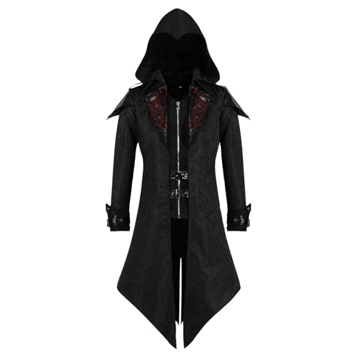 MVFEUIJ Steampunk Herren Jacke mit Kapuze, Gothic Frack Herren Mantel Mittelalter Viktorianischen Palast Vintage Mantel, Halloween Kostüm Karneval Party Cosplay Kleidung (Schwarz, 2XL) von MVFEUIJ