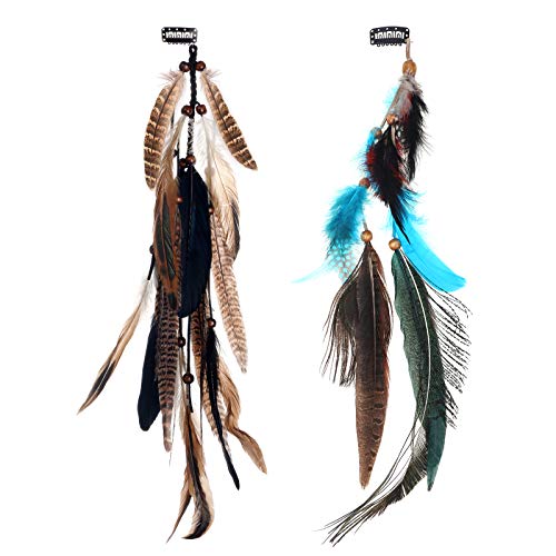 MWOOT 2 Stück Federn Haarextensions, Boho Federn Haarverlängerungen, Feder Haarschmuck für Faschingskostüm Karneval Halloween Verkleiden, Damen Cosplay Haardeko Zubehör, Feder Haarspangen von MWOOT