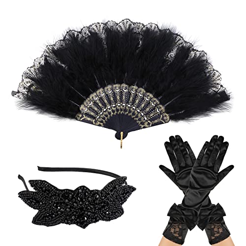 MWOOT 20er Jahre Feder Fächer Handschuhe Haarreif für 1920er Jahre Mottoparty, 20er Jahre Kostüm Haarschmuck Kopfschmuck, Schwarz Damen Faschingskostüm Set, 1920S Flapper Outfit Accessoires von MWOOT