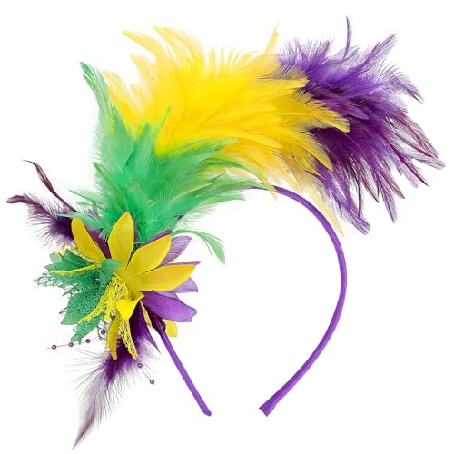 MWOOT Feder Haarschmuck Haarreif, 1920er Fascinator Kopfschmuck für Damen, Gelb Grün Lila Feder 20er Jahre Stirnband mit Künstlichen Blumen für Karneval Cocktail Hochzeit Tee-Party Accessoires von MWOOT