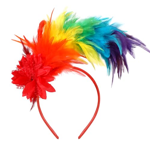 MWOOT Feder Haarschmuck Haarreif, 1920er Fascinator Kopfschmuck für Damen, Regenbogen Feder 20er Jahre Stirnband mit Künstlichen Blumen für Karneval Cocktail Cosplay Hochzeit Tee-Party Accessoires von MWOOT