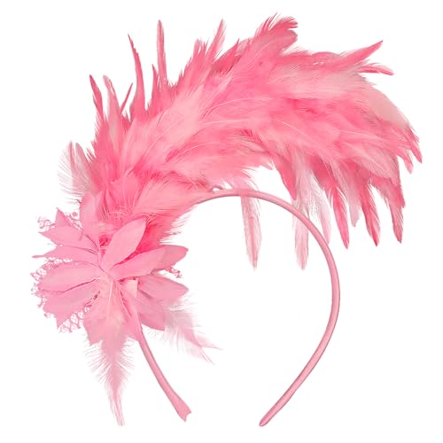 MWOOT Feder Haarschmuck Haarreif, 1920er Fascinator Kopfschmuck für Damen, Rosa Feder 20er Jahre Stirnband mit Künstlichen Blumen für Karneval Cocktail Hochzeit Tee-Party Accessoires von MWOOT