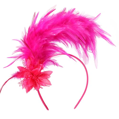 MWOOT Feder Haarschmuck Haarreif, 1920er Fascinator Kopfschmuck für Damen, Rosenrot Feder 20er Jahre Stirnband mit Künstlichen Blumen für Karneval Cocktail Hochzeit Tee-Party Accessoires von MWOOT