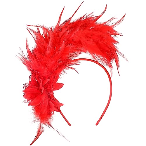 MWOOT Feder Haarschmuck Haarreif, 1920er Fascinator Kopfschmuck für Damen, Rot Feder 20er Jahre Stirnband mit Künstlichen Blumen für Karneval Cocktail Hochzeit Tee-Party Accessoires von MWOOT